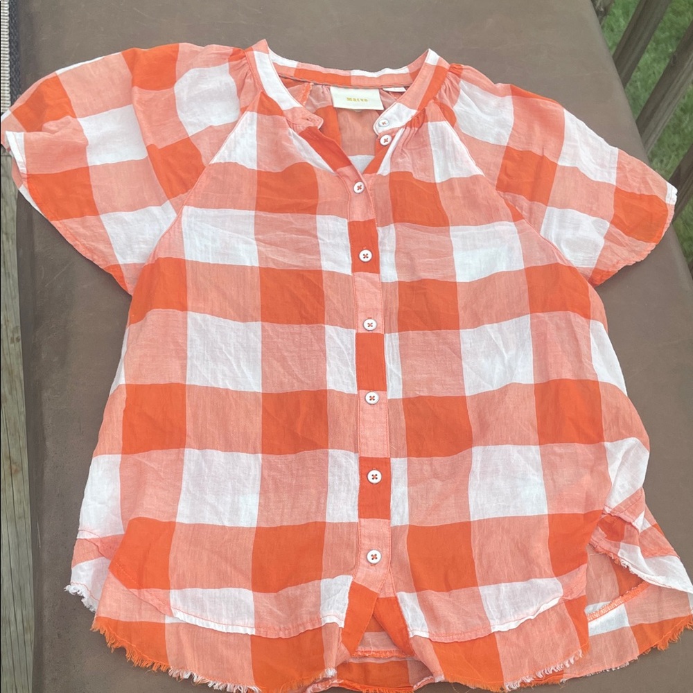 Maeve, small, orange and ivory, checked short sleeve, button-down blouse - Picture 1 of 6